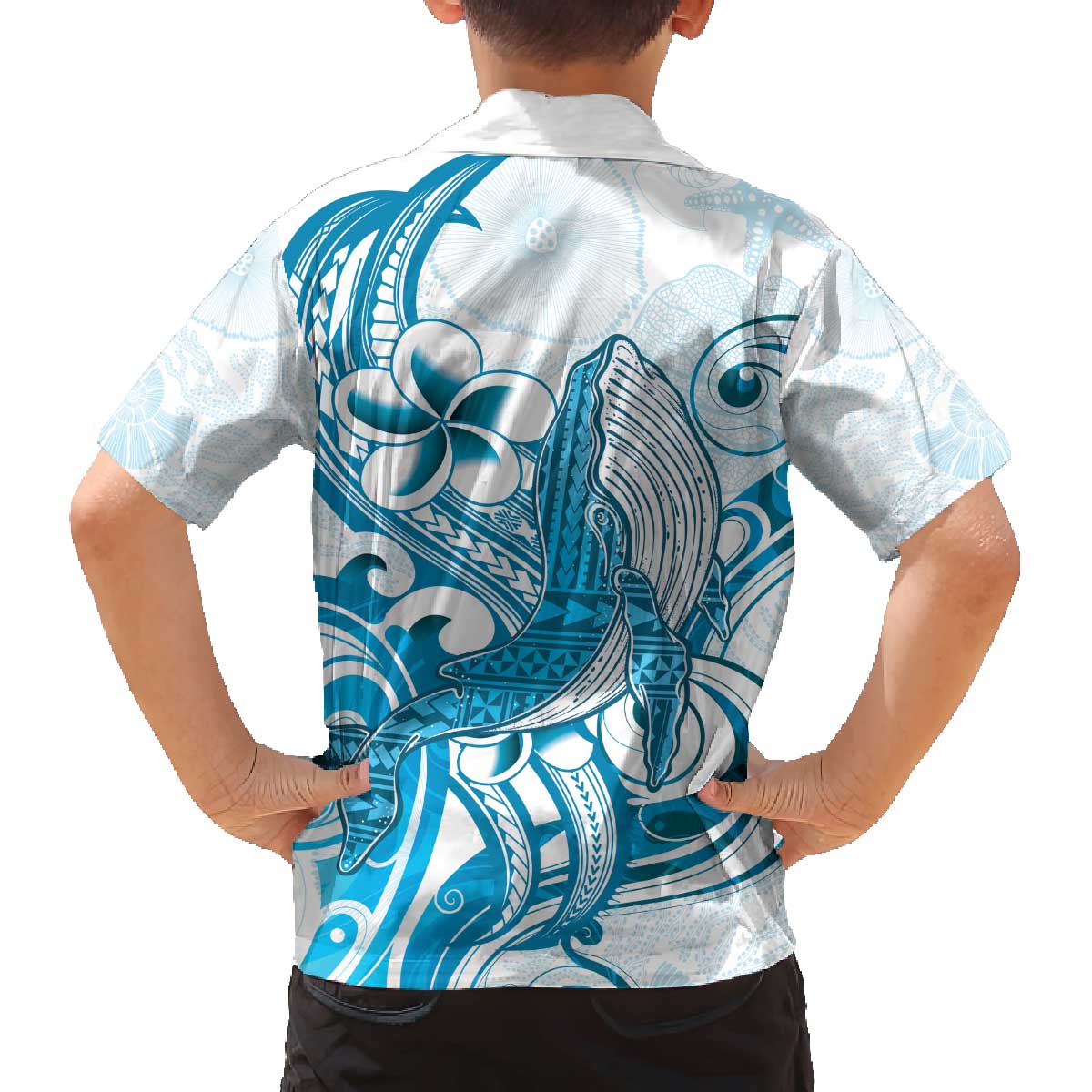 Blue Hawaii Humpback Whale Family Matching Off The Shoulder Long Sleeve Dress and Hawaiian Shirt Polynesian Tribal Ocean Vibes LT14 - Polynesian Pride