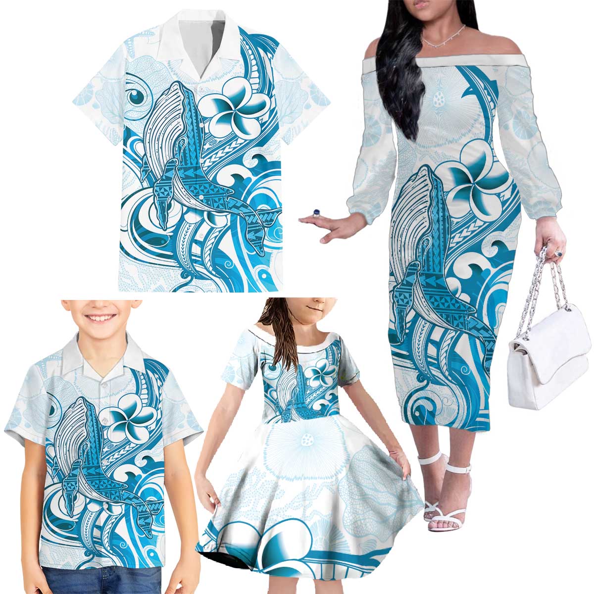 Blue Hawaii Humpback Whale Family Matching Off The Shoulder Long Sleeve Dress and Hawaiian Shirt Polynesian Tribal Ocean Vibes LT14 - Polynesian Pride