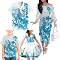 Blue Hawaii Humpback Whale Family Matching Off The Shoulder Long Sleeve Dress and Hawaiian Shirt Polynesian Tribal Ocean Vibes LT14 - Polynesian Pride