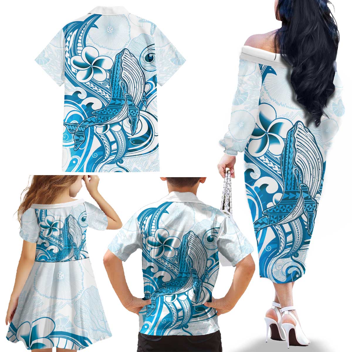Blue Hawaii Humpback Whale Family Matching Off The Shoulder Long Sleeve Dress and Hawaiian Shirt Polynesian Tribal Ocean Vibes LT14 - Polynesian Pride