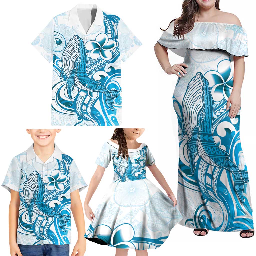 Blue Hawaii Humpback Whale Family Matching Off Shoulder Maxi Dress and Hawaiian Shirt Polynesian Tribal Ocean Vibes LT14 - Polynesian Pride
