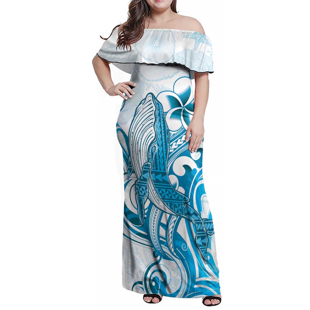 Blue Hawaii Humpback Whale Family Matching Off Shoulder Maxi Dress and Hawaiian Shirt Polynesian Tribal Ocean Vibes LT14 Mom's Dress Blue - Polynesian Pride