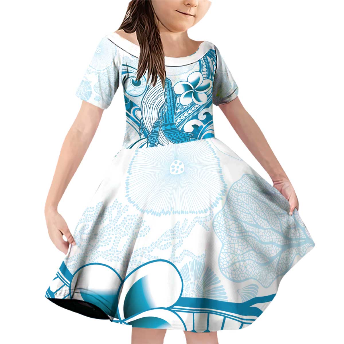 Blue Hawaii Humpback Whale Family Matching Off Shoulder Short Dress and Hawaiian Shirt Polynesian Tribal Ocean Vibes LT14 Daughter's Dress Blue - Polynesian Pride