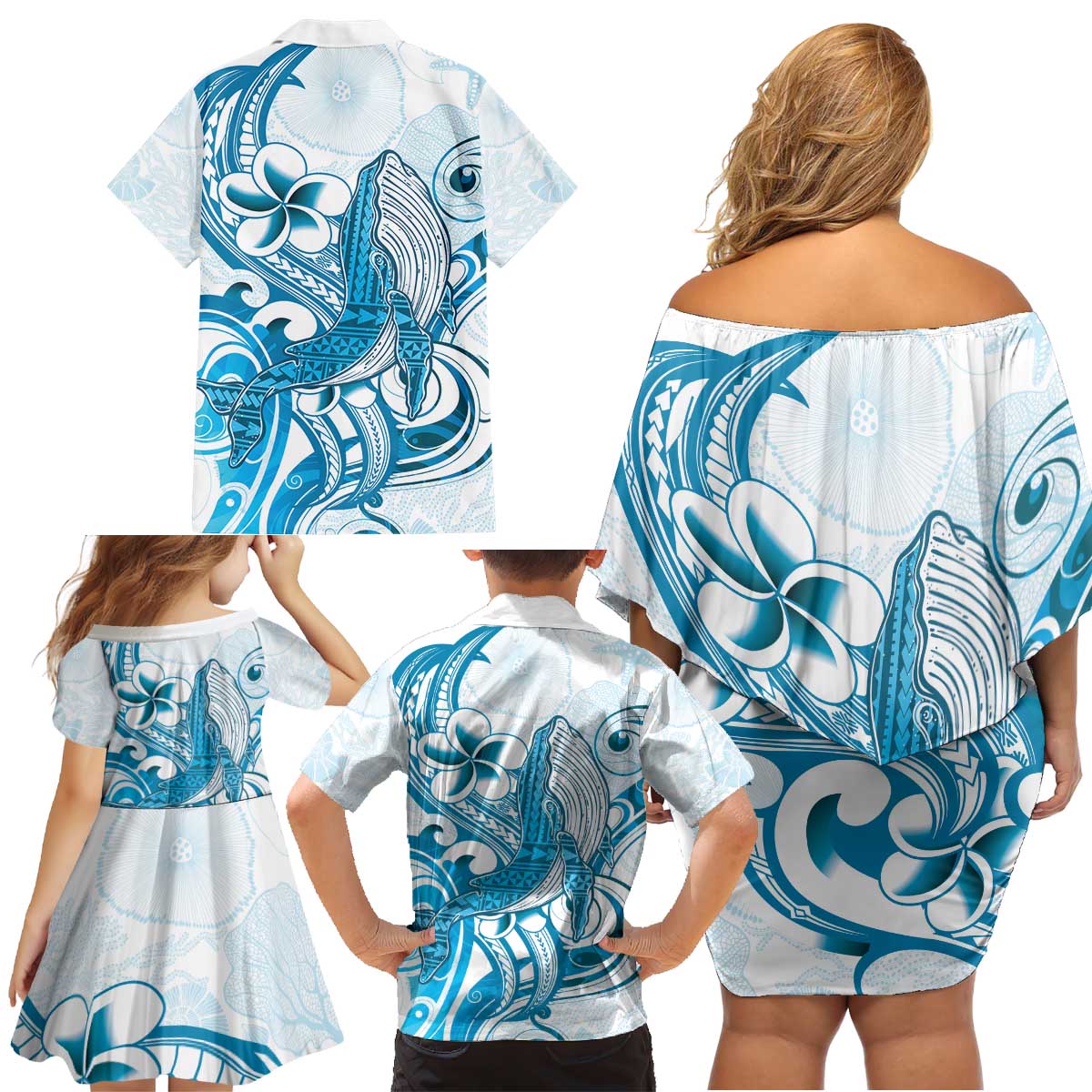 Blue Hawaii Humpback Whale Family Matching Off Shoulder Short Dress and Hawaiian Shirt Polynesian Tribal Ocean Vibes LT14 - Polynesian Pride