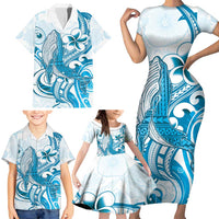 Blue Hawaii Humpback Whale Family Matching Short Sleeve Bodycon Dress and Hawaiian Shirt Polynesian Tribal Ocean Vibes LT14 - Polynesian Pride