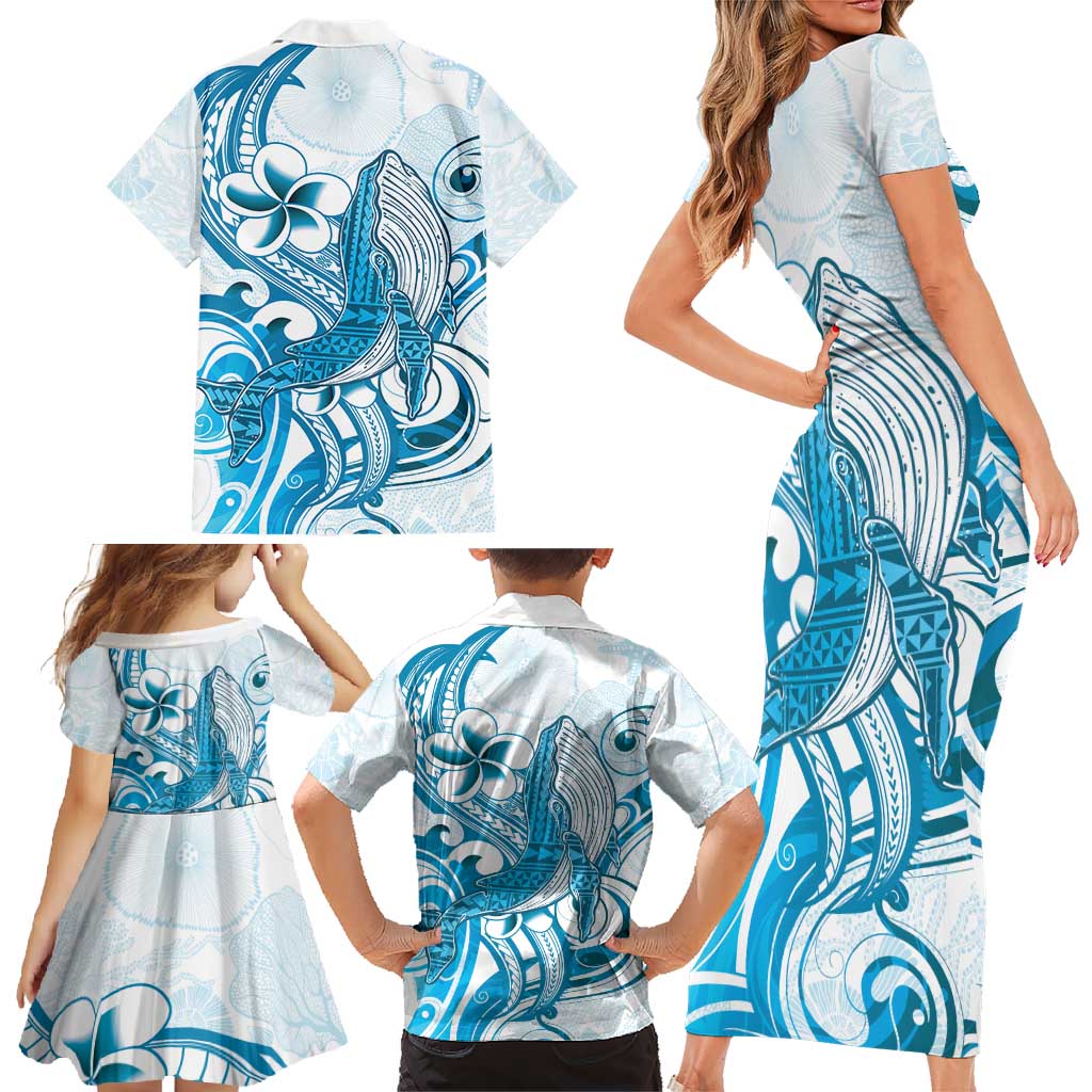 Blue Hawaii Humpback Whale Family Matching Short Sleeve Bodycon Dress and Hawaiian Shirt Polynesian Tribal Ocean Vibes LT14 - Polynesian Pride