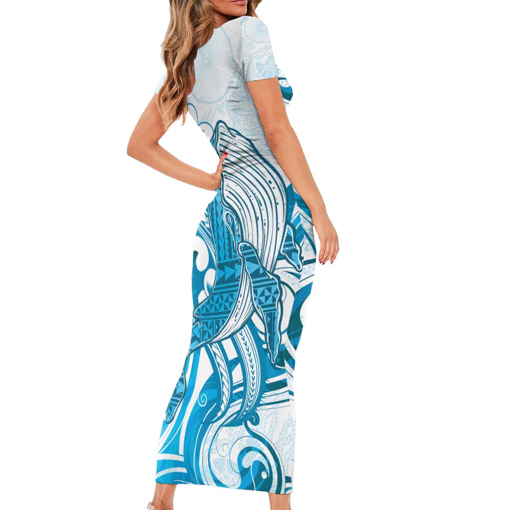 Blue Hawaii Humpback Whale Family Matching Short Sleeve Bodycon Dress and Hawaiian Shirt Polynesian Tribal Ocean Vibes LT14 - Polynesian Pride