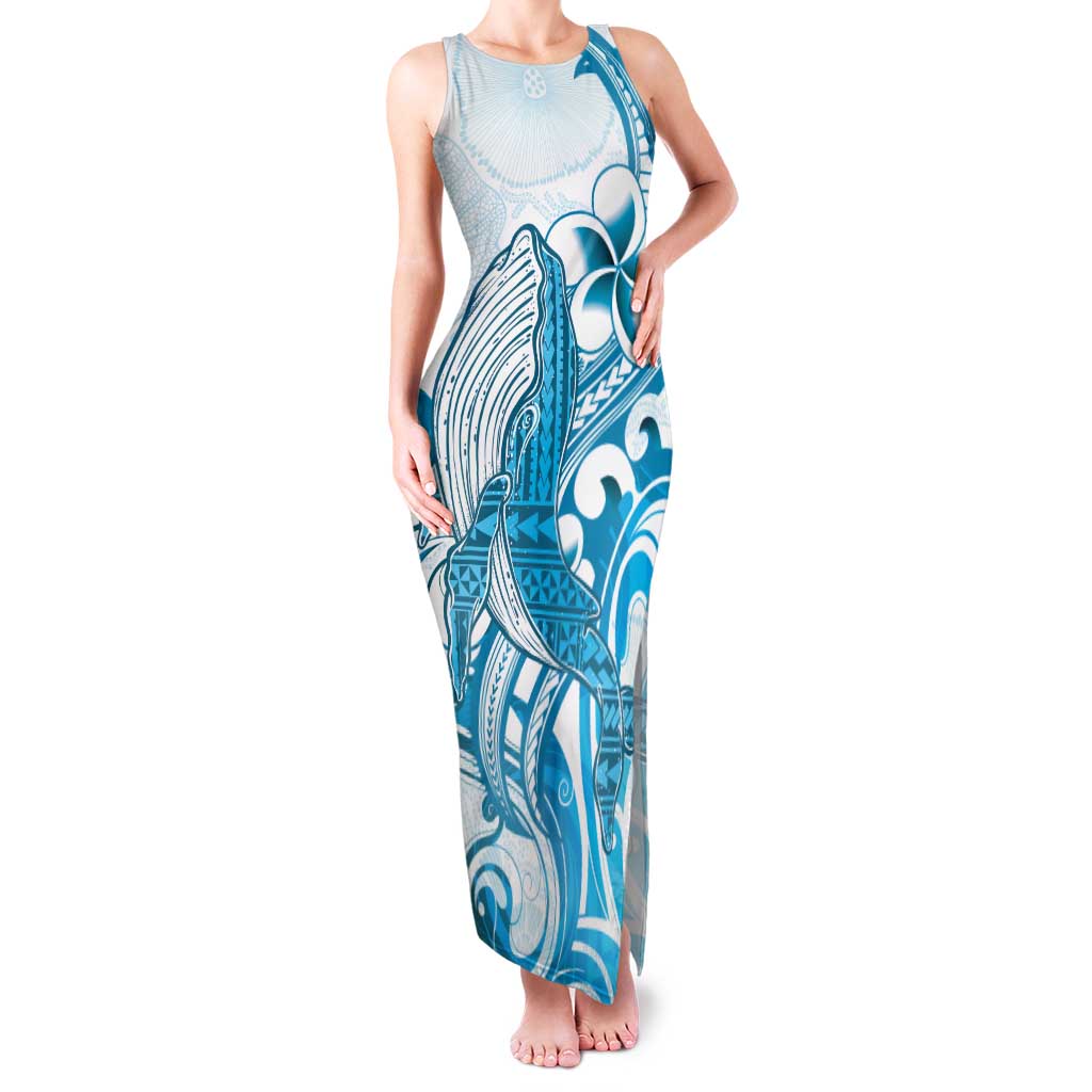 Blue Hawaii Humpback Whale Family Matching Tank Maxi Dress and Hawaiian Shirt Polynesian Tribal Ocean Vibes LT14 Mom's Dress Blue - Polynesian Pride