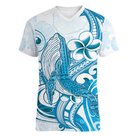 Blue Hawaii Humpback Whale Women V-Neck T-Shirt Polynesian Tribal Ocean Vibes