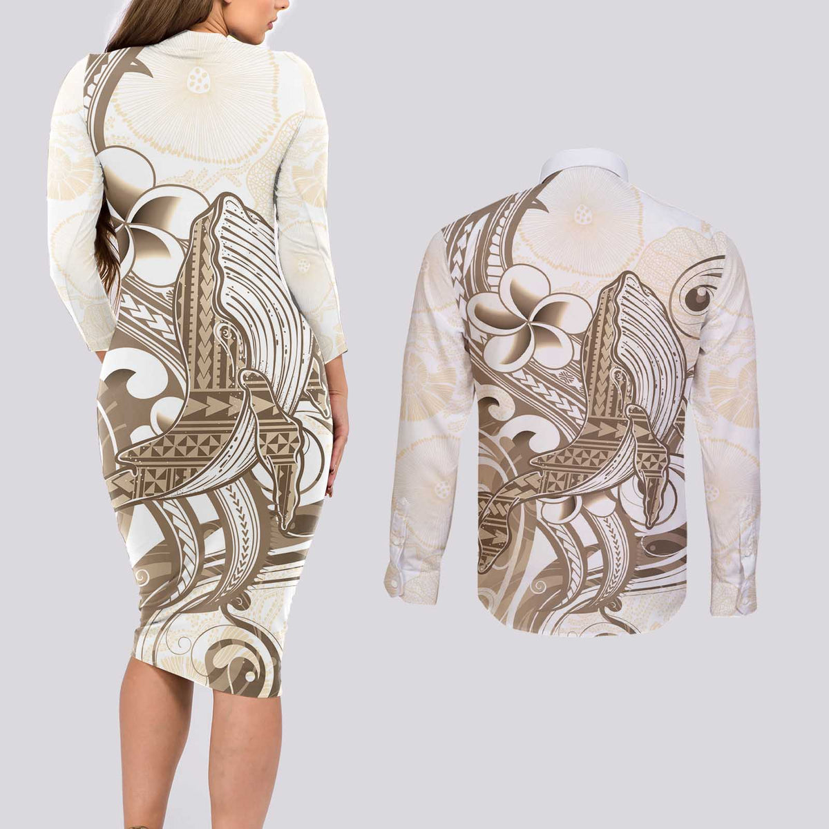 Brown Hawaii Humpback Whale Couples Matching Long Sleeve Bodycon Dress and Long Sleeve Button Shirt Polynesian Tribal Ocean Vibes