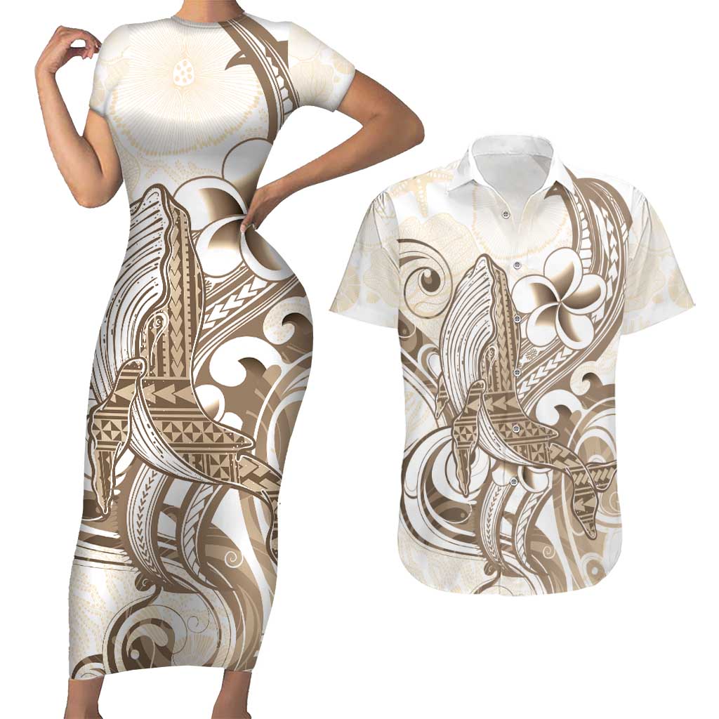 Brown Hawaii Humpback Whale Couples Matching Short Sleeve Bodycon Dress and Hawaiian Shirt Polynesian Tribal Ocean Vibes LT14 Brown - Polynesian Pride