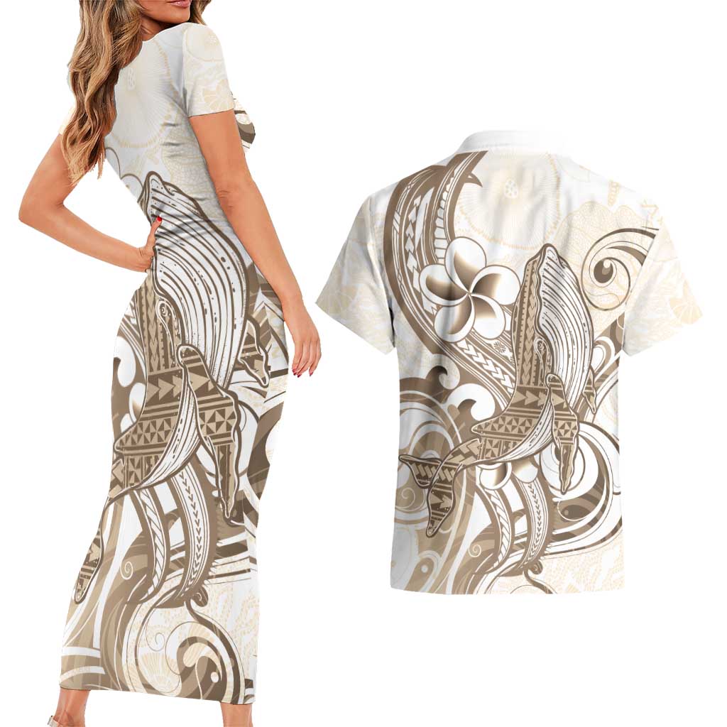 Brown Hawaii Humpback Whale Couples Matching Short Sleeve Bodycon Dress and Hawaiian Shirt Polynesian Tribal Ocean Vibes LT14 - Polynesian Pride