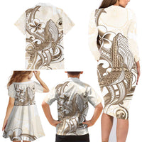 Brown Hawaii Humpback Whale Family Matching Long Sleeve Bodycon Dress and Hawaiian Shirt Polynesian Tribal Ocean Vibes LT14 - Polynesian Pride