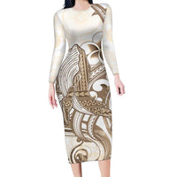 Brown Hawaii Humpback Whale Family Matching Long Sleeve Bodycon Dress and Hawaiian Shirt Polynesian Tribal Ocean Vibes LT14 Mom's Dress Brown - Polynesian Pride