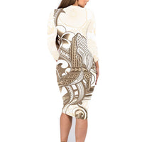 Brown Hawaii Humpback Whale Family Matching Long Sleeve Bodycon Dress and Hawaiian Shirt Polynesian Tribal Ocean Vibes LT14 - Polynesian Pride