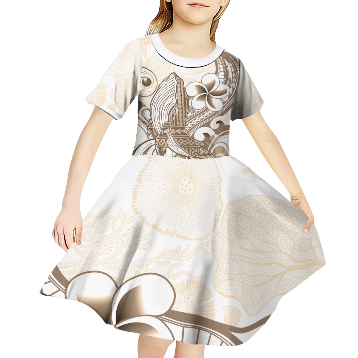 Brown Hawaii Humpback Whale Kid Short Sleeve Dress Polynesian Tribal Ocean Vibes