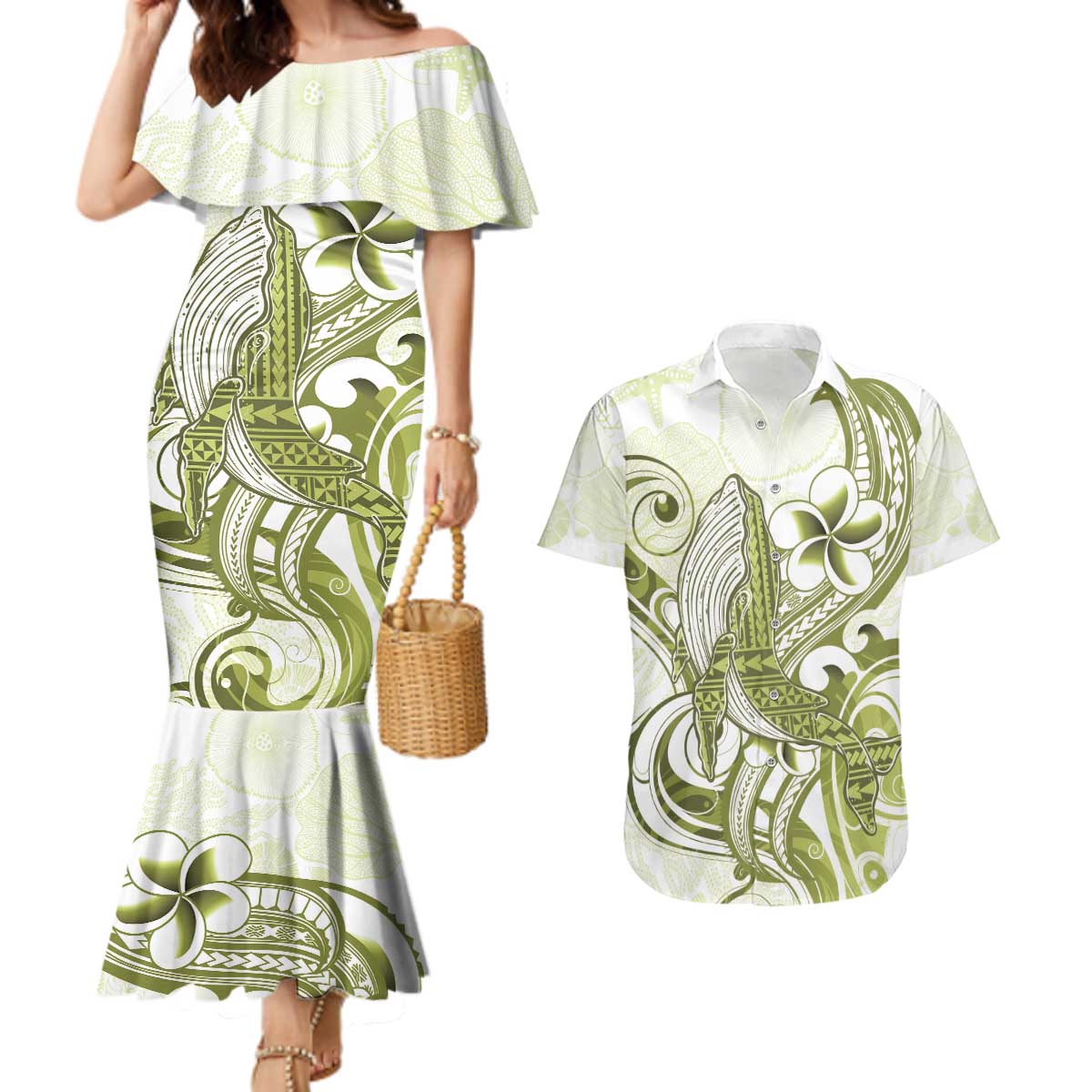 Lime Green Hawaii Couples Matching Mermaid Dress and Hawaiian Shirt Humpback Whale Tattoo Polynesian Tribal Ocean Vibes LT14 Lime Green - Polynesian Pride