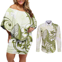 Lime Green Hawaii Couples Matching Off Shoulder Short Dress and Long Sleeve Button Shirt Humpback Whale Tattoo Polynesian Tribal Ocean Vibes