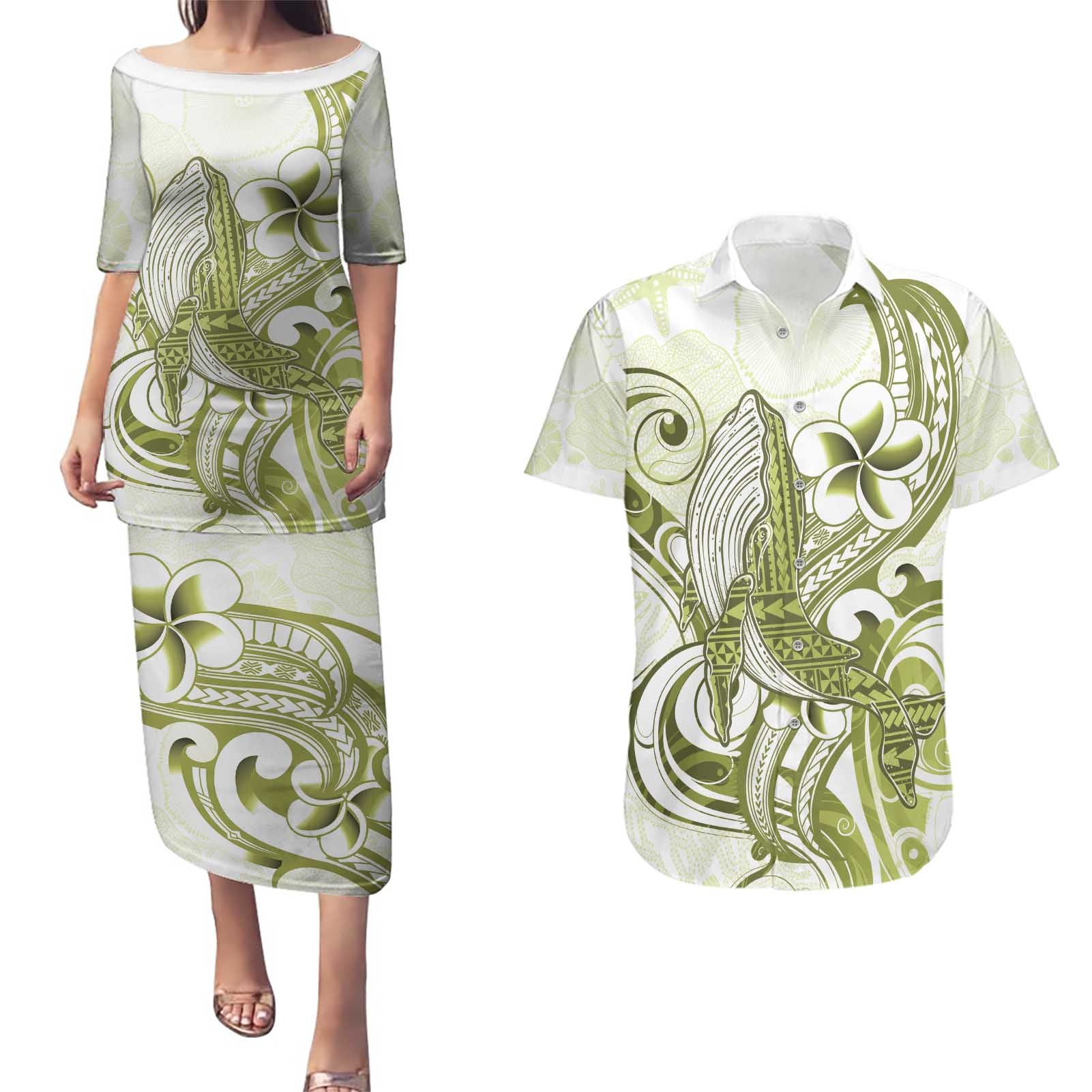 Lime Green Hawaii Couples Matching Puletasi and Hawaiian Shirt Humpback Whale Tattoo Polynesian Tribal Ocean Vibes