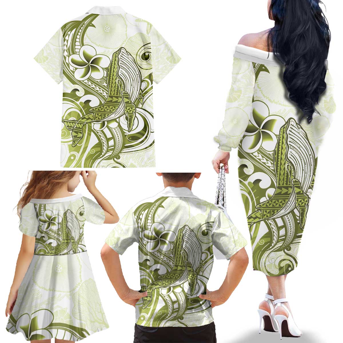 Lime Green Hawaii Family Matching Off The Shoulder Long Sleeve Dress and Hawaiian Shirt Humpback Whale Tattoo Polynesian Tribal Ocean Vibes LT14 - Polynesian Pride