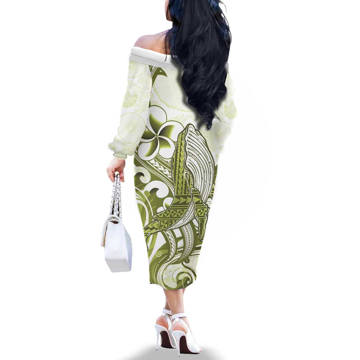Lime Green Hawaii Family Matching Off The Shoulder Long Sleeve Dress and Hawaiian Shirt Humpback Whale Tattoo Polynesian Tribal Ocean Vibes LT14 - Polynesian Pride