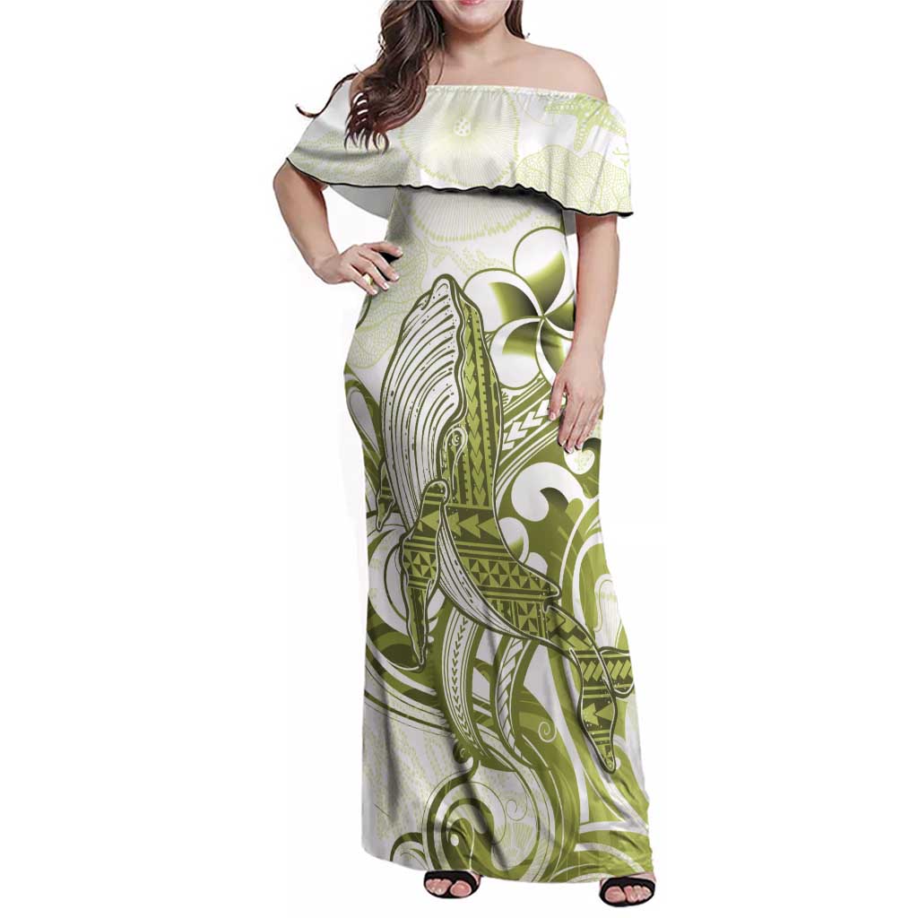 Lime Green Hawaii Family Matching Off Shoulder Maxi Dress and Hawaiian Shirt Humpback Whale Tattoo Polynesian Tribal Ocean Vibes LT14 Mom's Dress Lime Green - Polynesian Pride
