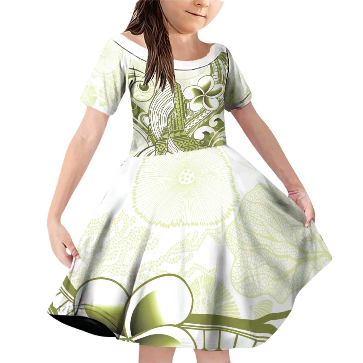 Lime Green Hawaii Family Matching Off Shoulder Short Dress and Hawaiian Shirt Humpback Whale Tattoo Polynesian Tribal Ocean Vibes LT14 Daughter's Dress Lime Green - Polynesian Pride