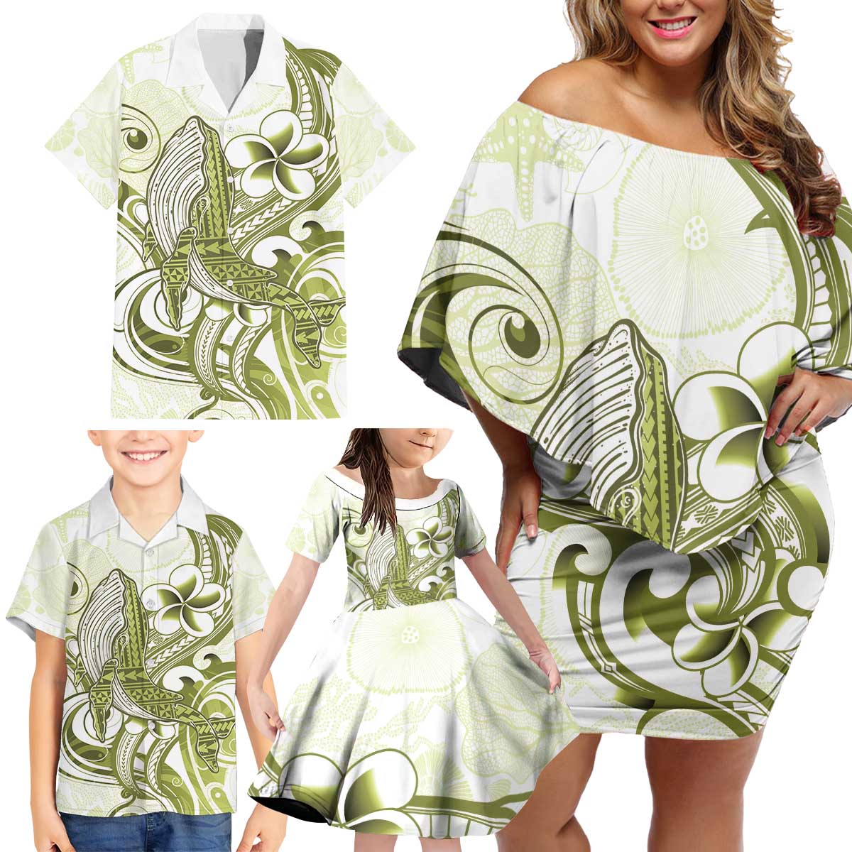 Lime Green Hawaii Family Matching Off Shoulder Short Dress and Hawaiian Shirt Humpback Whale Tattoo Polynesian Tribal Ocean Vibes LT14 - Polynesian Pride