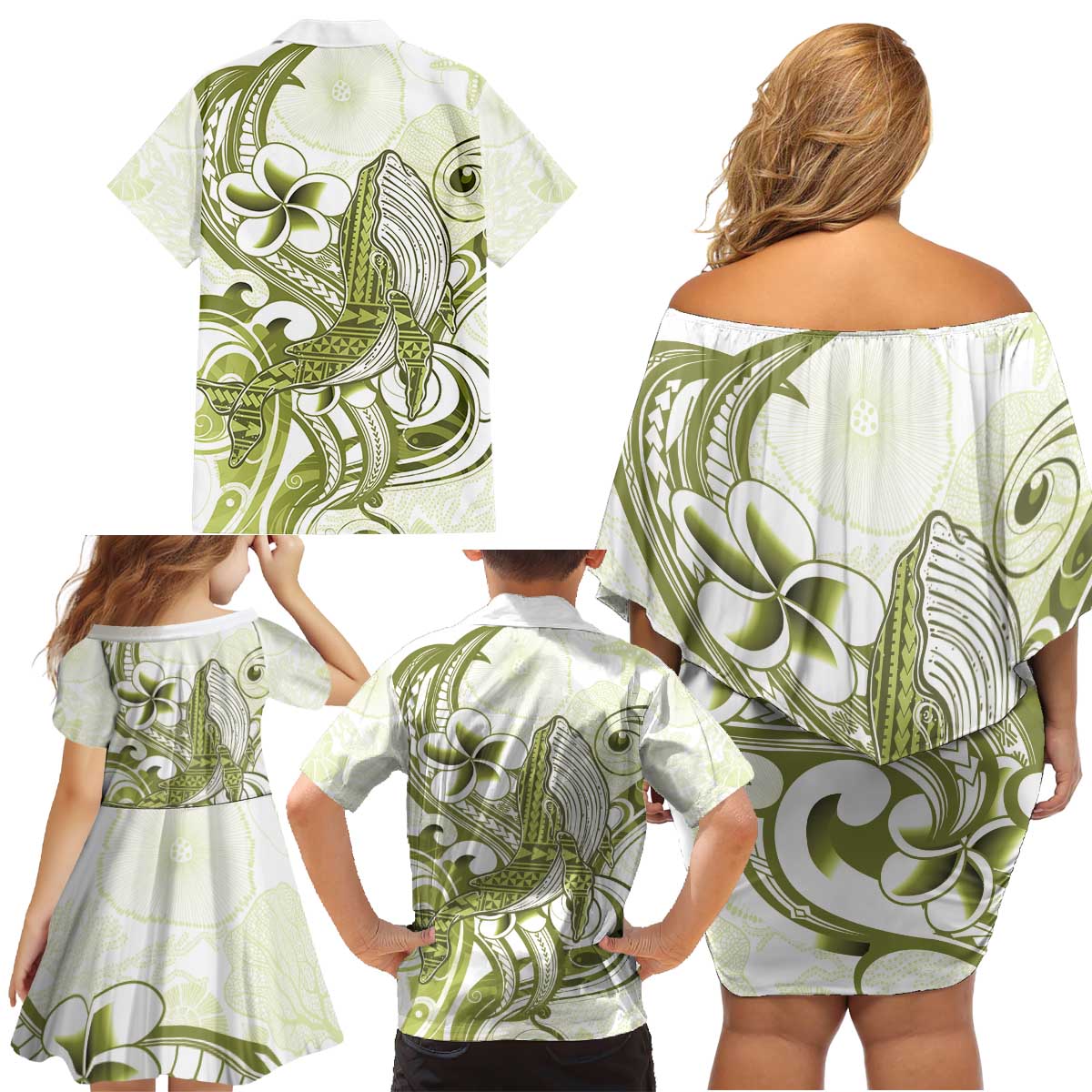 Lime Green Hawaii Family Matching Off Shoulder Short Dress and Hawaiian Shirt Humpback Whale Tattoo Polynesian Tribal Ocean Vibes LT14 - Polynesian Pride