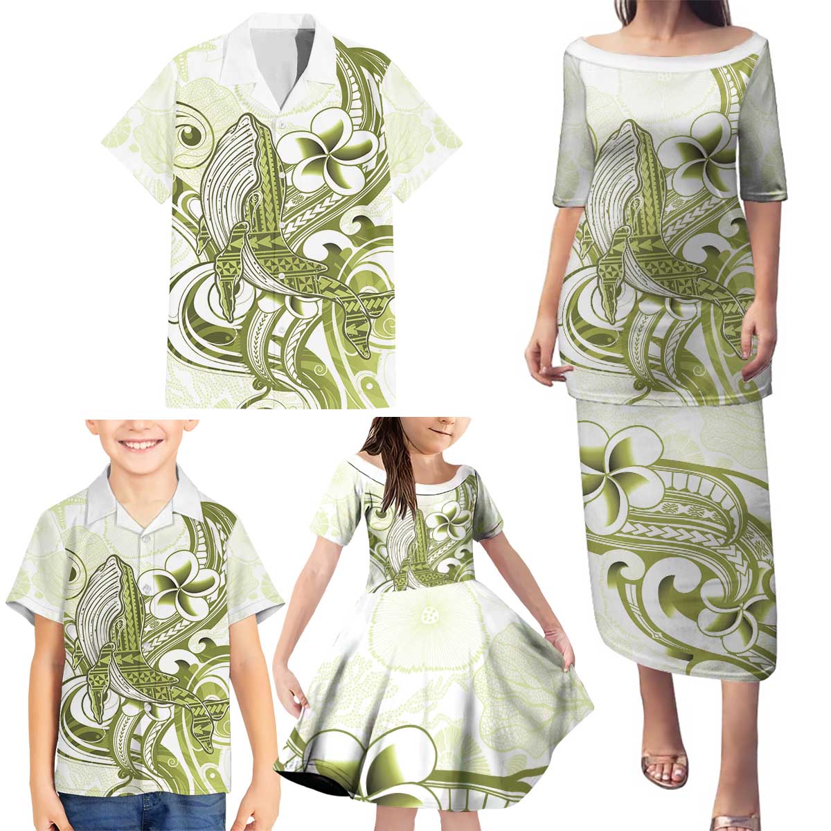 Lime Green Hawaii Family Matching Puletasi and Hawaiian Shirt Humpback Whale Tattoo Polynesian Tribal Ocean Vibes LT14 - Polynesian Pride