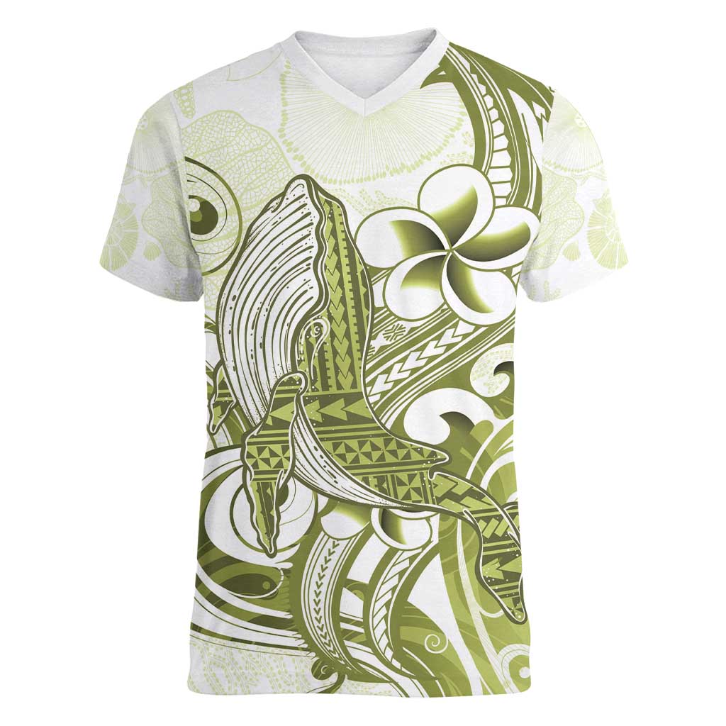 Lime Green Hawaii Women V-Neck T-Shirt Humpback Whale Tattoo Polynesian Tribal Ocean Vibes