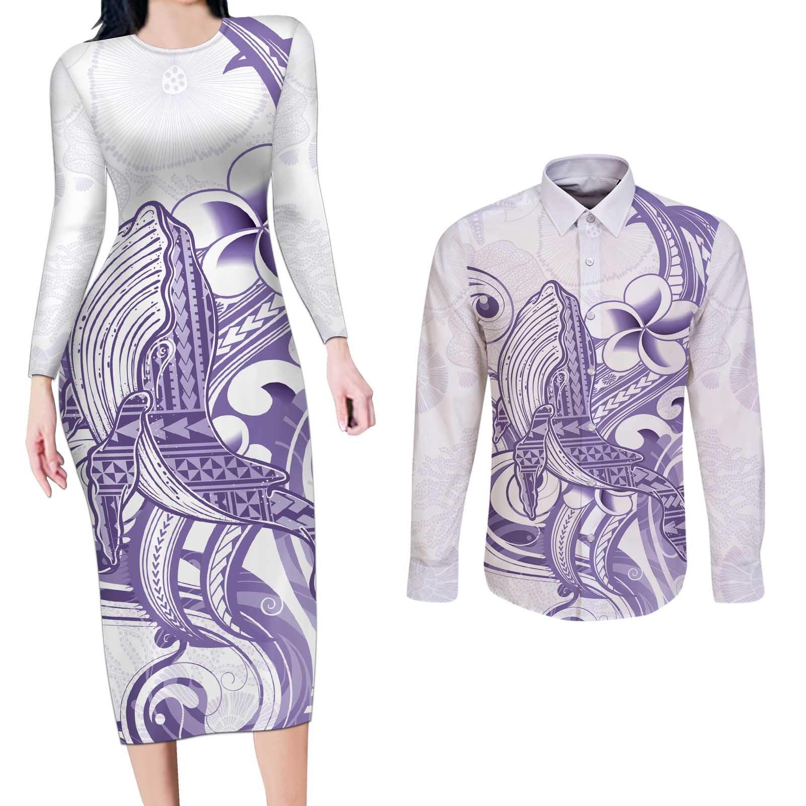 Purple Hawaii Couples Matching Long Sleeve Bodycon Dress and Long Sleeve Button Shirt Humpback Whale Tattoo Polynesian Tribal Ocean Vibes