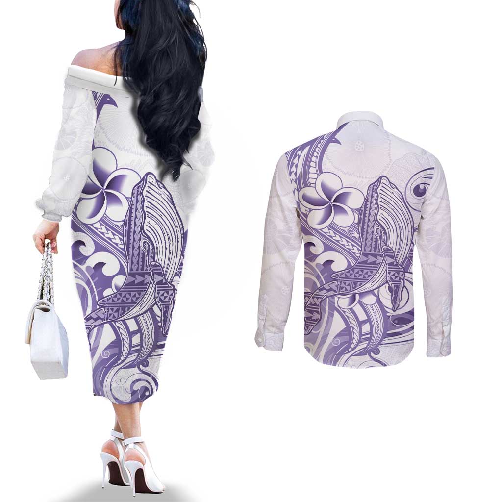 Purple Hawaii Couples Matching Off The Shoulder Long Sleeve Dress and Long Sleeve Button Shirt Humpback Whale Tattoo Polynesian Tribal Ocean Vibes