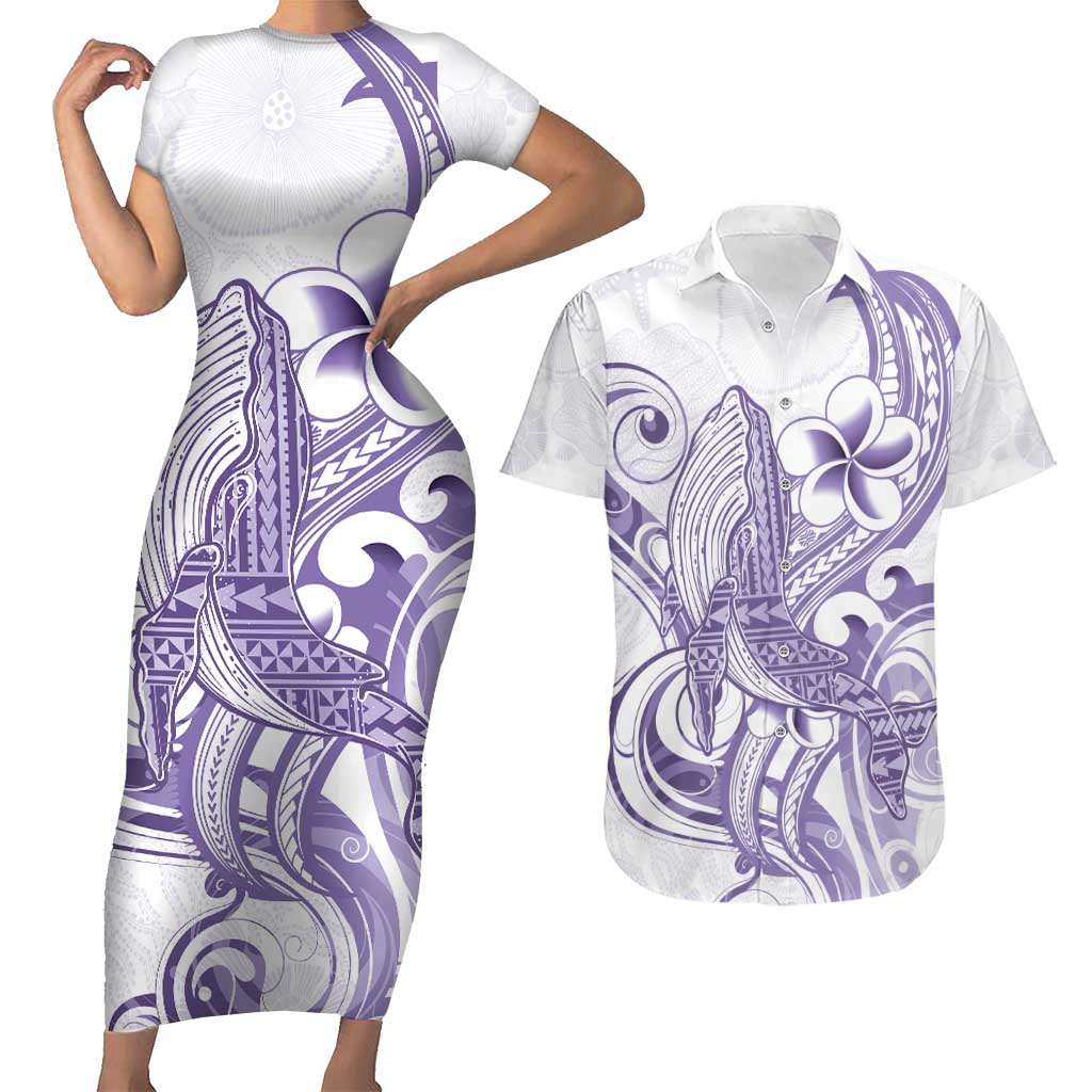 Purple Hawaii Couples Matching Short Sleeve Bodycon Dress and Hawaiian Shirt Humpback Whale Tattoo Polynesian Tribal Ocean Vibes LT14 Purple - Polynesian Pride