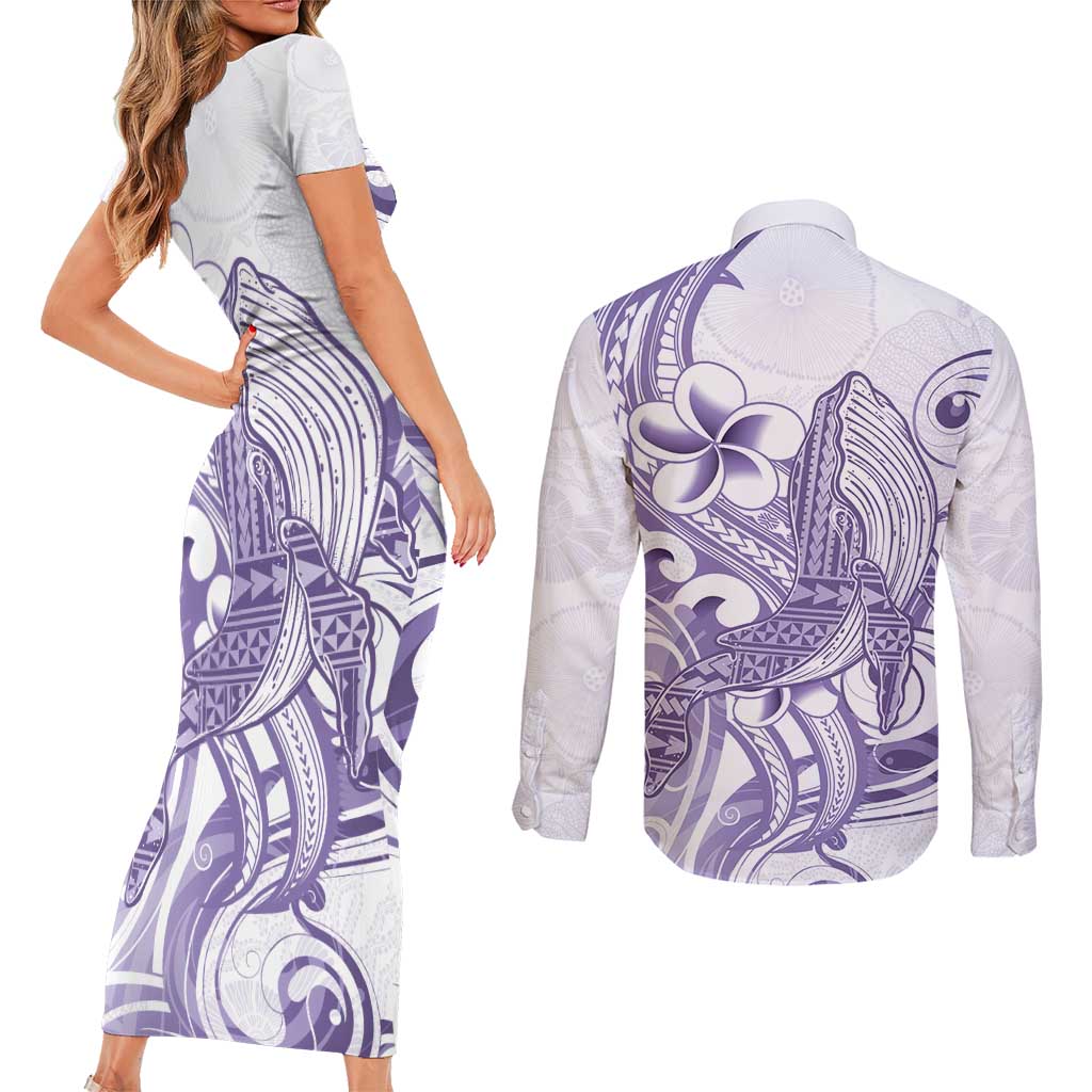 Purple Hawaii Couples Matching Short Sleeve Bodycon Dress and Long Sleeve Button Shirt Humpback Whale Tattoo Polynesian Tribal Ocean Vibes