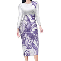 Purple Hawaii Family Matching Long Sleeve Bodycon Dress and Hawaiian Shirt Humpback Whale Tattoo Polynesian Tribal Ocean Vibes LT14 Mom's Dress Purple - Polynesian Pride