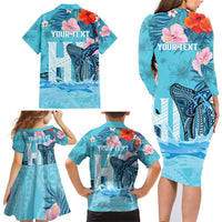 Personalised Hawaii Family Matching Long Sleeve Bodycon Dress and Hawaiian Shirt Humpback Whale Tattoo With Tropical Flowers LT14 - Polynesian Pride