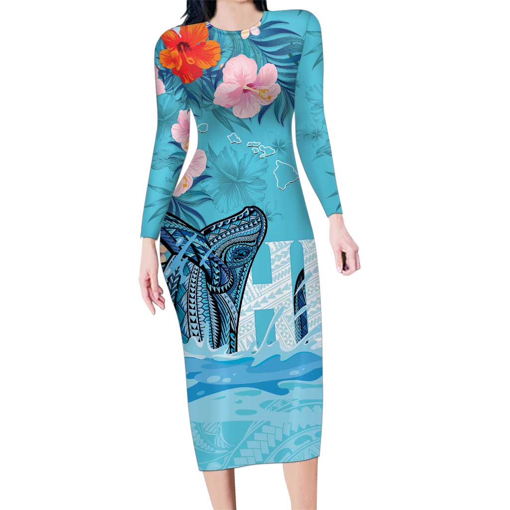 Personalised Hawaii Family Matching Long Sleeve Bodycon Dress and Hawaiian Shirt Humpback Whale Tattoo With Tropical Flowers LT14 Mom's Dress Blue - Polynesian Pride