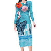 Personalised Hawaii Family Matching Long Sleeve Bodycon Dress and Hawaiian Shirt Humpback Whale Tattoo With Tropical Flowers LT14 Mom's Dress Blue - Polynesian Pride