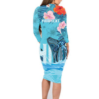 Personalised Hawaii Family Matching Long Sleeve Bodycon Dress and Hawaiian Shirt Humpback Whale Tattoo With Tropical Flowers LT14 - Polynesian Pride