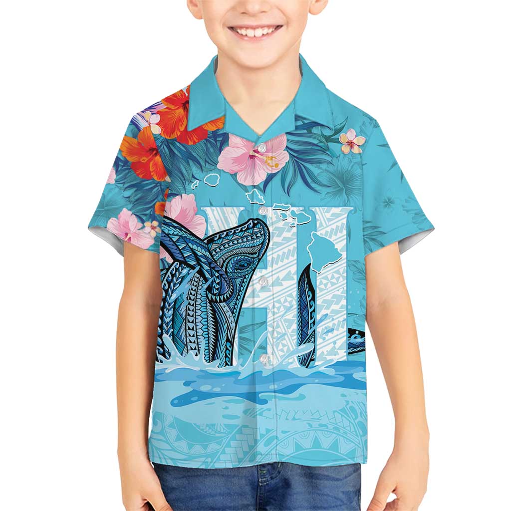 Personalised Hawaii Family Matching Long Sleeve Bodycon Dress and Hawaiian Shirt Humpback Whale Tattoo With Tropical Flowers LT14 Son's Shirt Blue - Polynesian Pride
