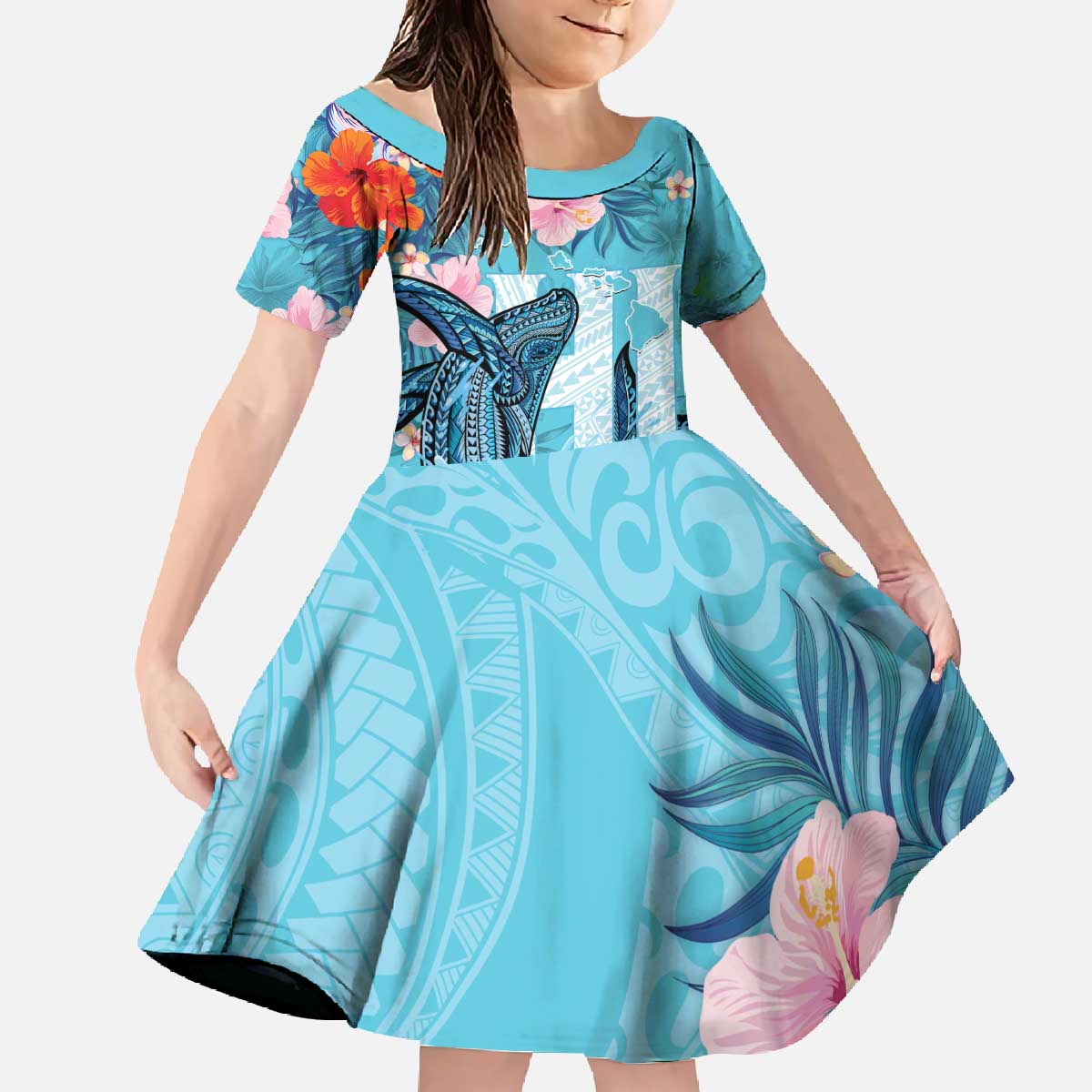 Personalised Hawaii Family Matching Off The Shoulder Long Sleeve Dress and Hawaiian Shirt Humpback Whale Tattoo With Tropical Flowers LT14 Daughter's Dress Blue - Polynesian Pride