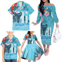 Personalised Hawaii Family Matching Off The Shoulder Long Sleeve Dress and Hawaiian Shirt Humpback Whale Tattoo With Tropical Flowers LT14 - Polynesian Pride