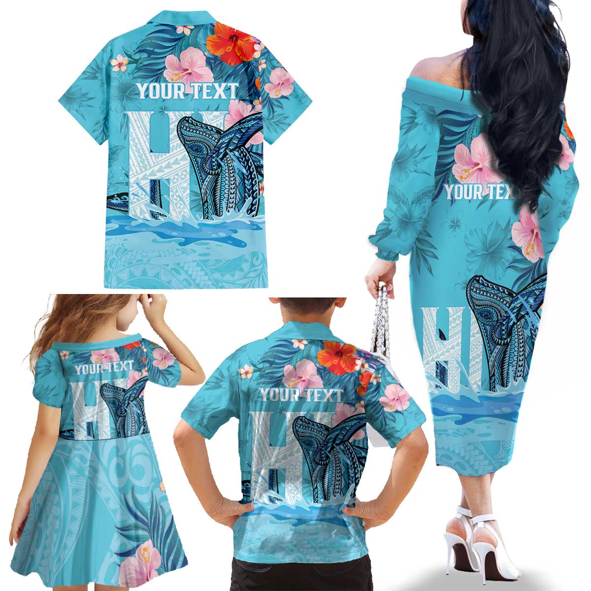 Personalised Hawaii Family Matching Off The Shoulder Long Sleeve Dress and Hawaiian Shirt Humpback Whale Tattoo With Tropical Flowers LT14 - Polynesian Pride