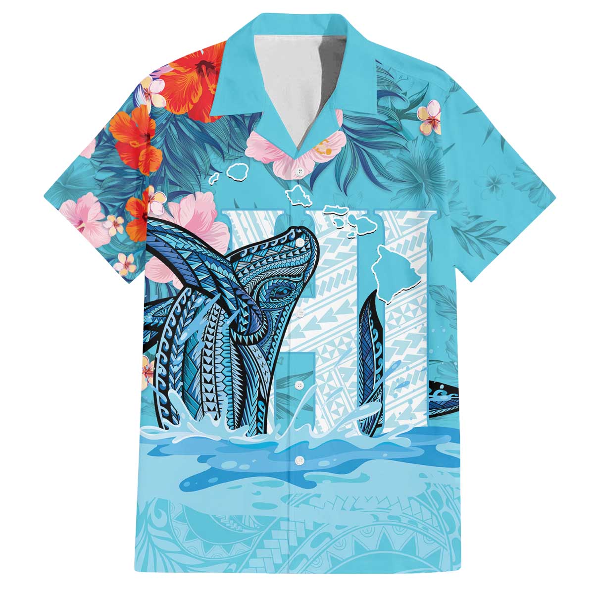 Personalised Hawaii Family Matching Off The Shoulder Long Sleeve Dress and Hawaiian Shirt Humpback Whale Tattoo With Tropical Flowers LT14 Dad's Shirt - Short Sleeve Blue - Polynesian Pride