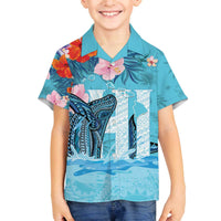 Personalised Hawaii Family Matching Off The Shoulder Long Sleeve Dress and Hawaiian Shirt Humpback Whale Tattoo With Tropical Flowers LT14 Son's Shirt Blue - Polynesian Pride