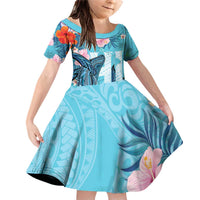 Personalised Hawaii Family Matching Off Shoulder Short Dress and Hawaiian Shirt Humpback Whale Tattoo With Tropical Flowers LT14 Daughter's Dress Blue - Polynesian Pride
