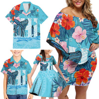 Personalised Hawaii Family Matching Off Shoulder Short Dress and Hawaiian Shirt Humpback Whale Tattoo With Tropical Flowers LT14 - Polynesian Pride