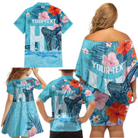 Personalised Hawaii Family Matching Off Shoulder Short Dress and Hawaiian Shirt Humpback Whale Tattoo With Tropical Flowers LT14 - Polynesian Pride