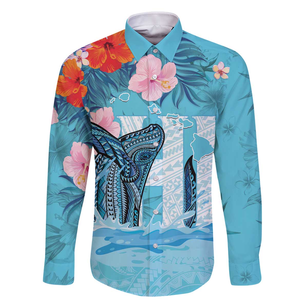 Personalised Hawaii Family Matching Off Shoulder Short Dress and Hawaiian Shirt Humpback Whale Tattoo With Tropical Flowers LT14 Dad's Shirt - Long Sleeve Blue - Polynesian Pride